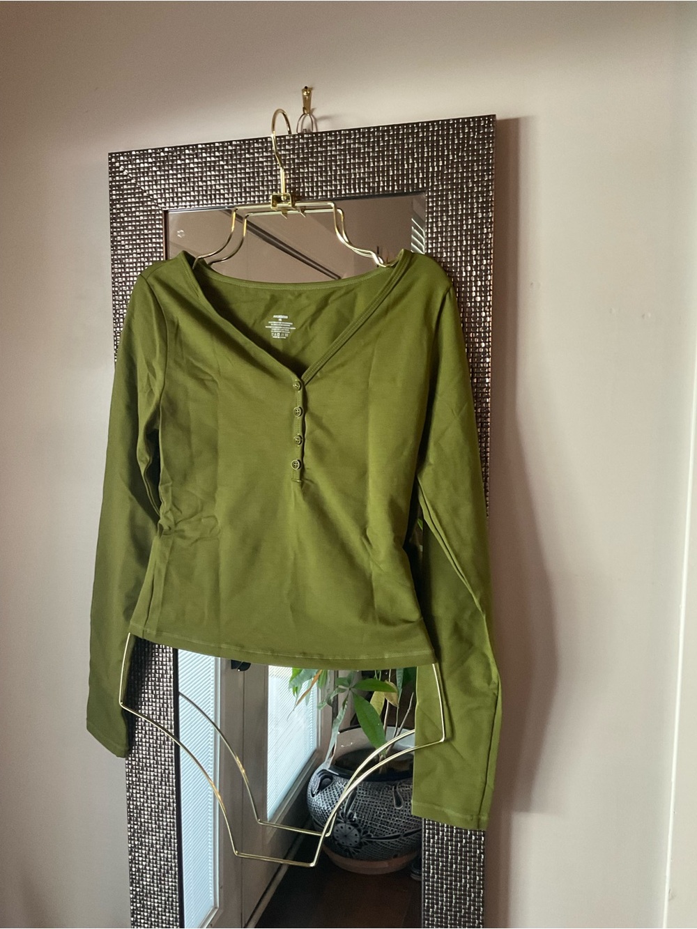 Olive Green Long Sleeve Henley Top - Women